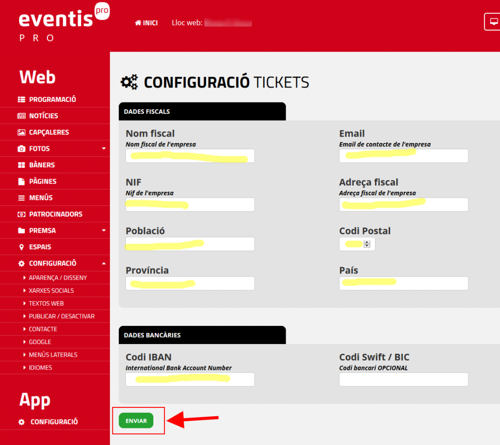 Configurar les dades de facturació específiques per a cada Eventis