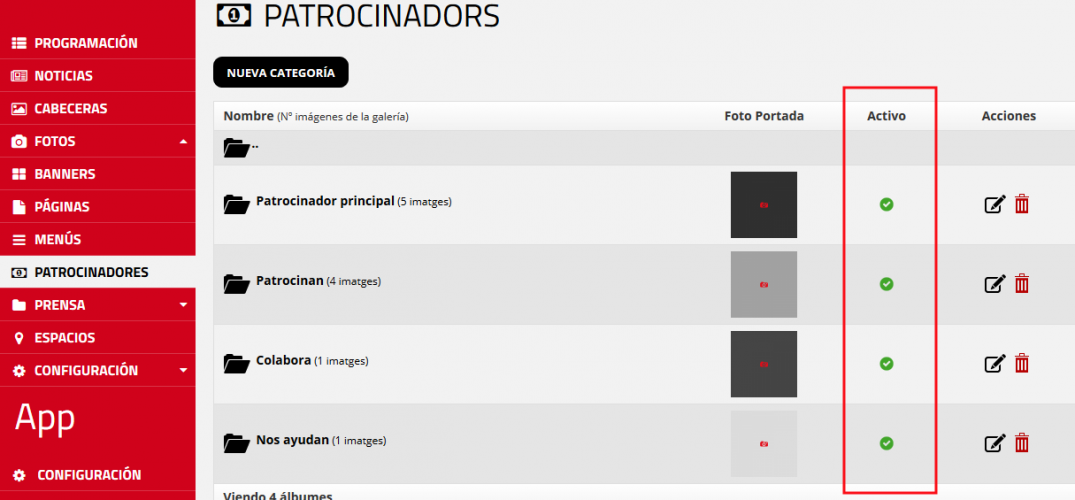 Activar o desactivar una categoria de patrocinadores